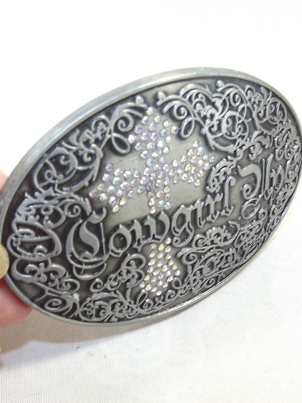 Cowgirl Up Western-Inspired Belt Buckle with Rhinestone Cross by Buckle Rage